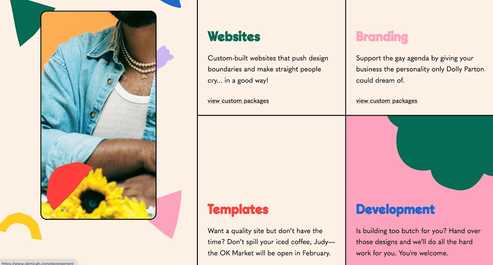 An image of the services OK Micah provides. They include website building, branding, templates and development.