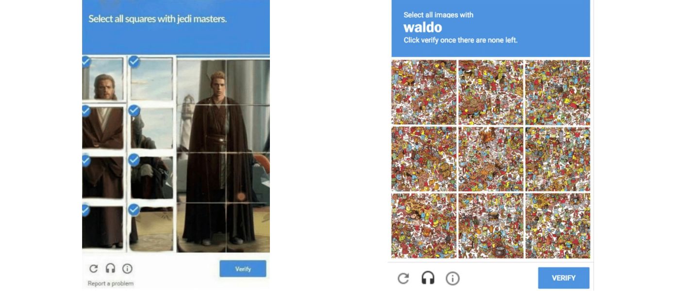 2 examples of invented reCAPTCHA meme. 1. Jedi prompt where Anakin is not selected. 2. Waldo prompt with photo from Where's Waldo book.