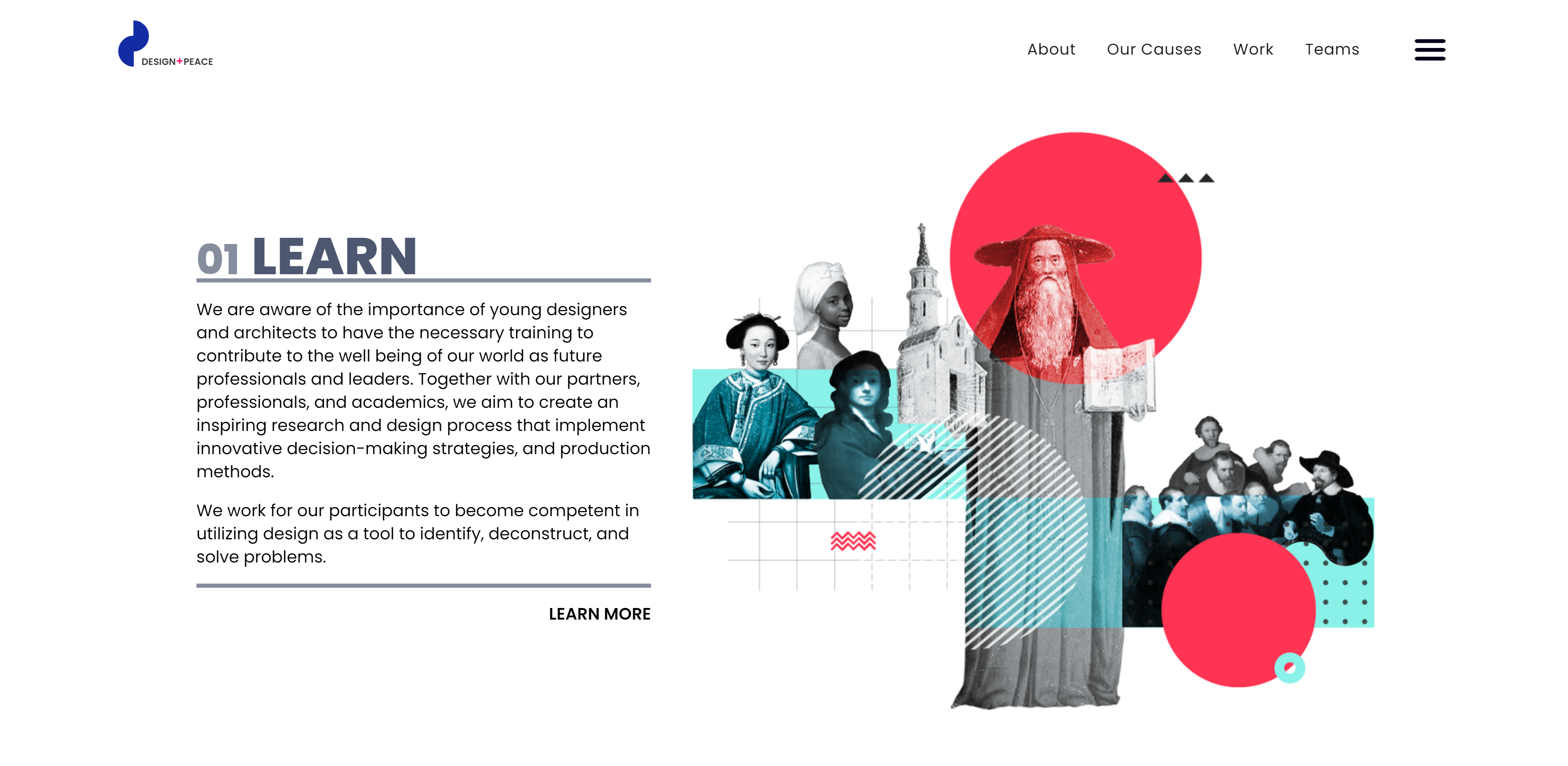 A screenshot of a section on Design + Peace’s website showing text and an abstract illustration