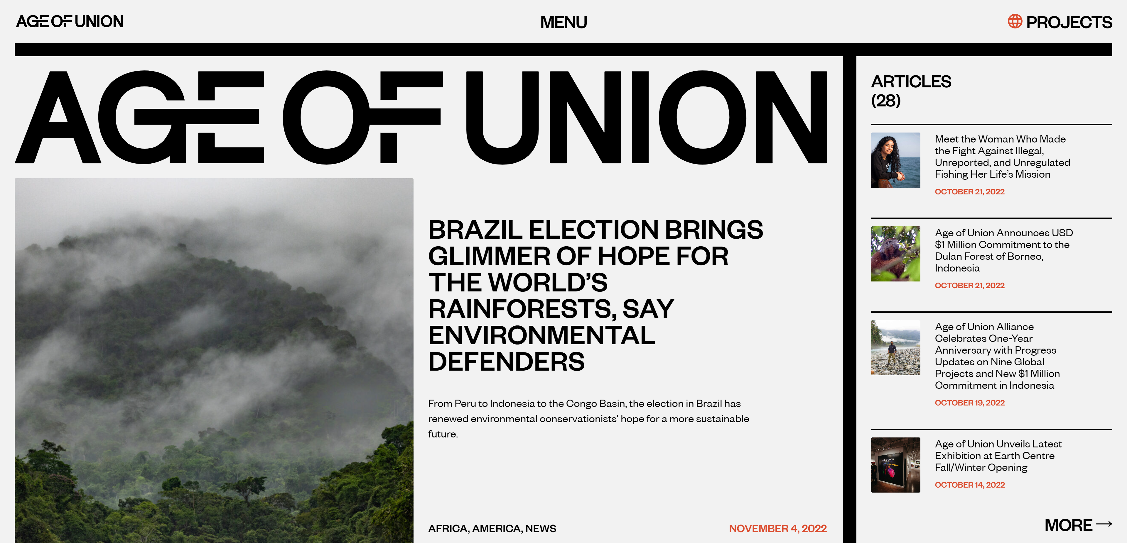 A screenshot of Age of Union’s home page in a newspaper-style layout, with headlines, stories, and pictures on a light gray background.