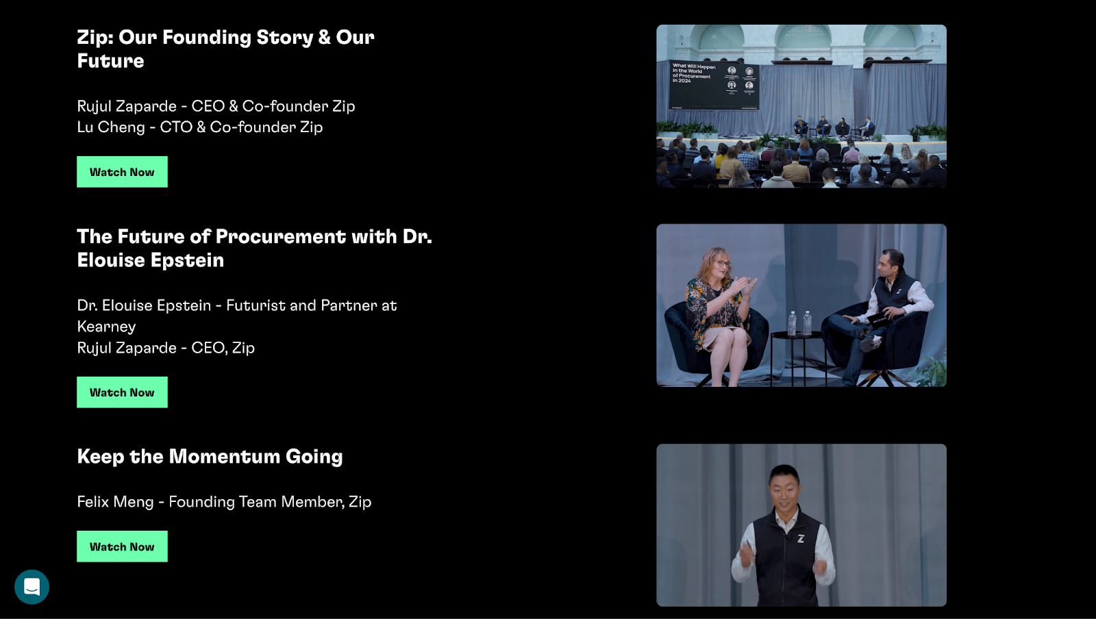 A section of Zip’s 2023 user conference website showing links to video snippets from the event.