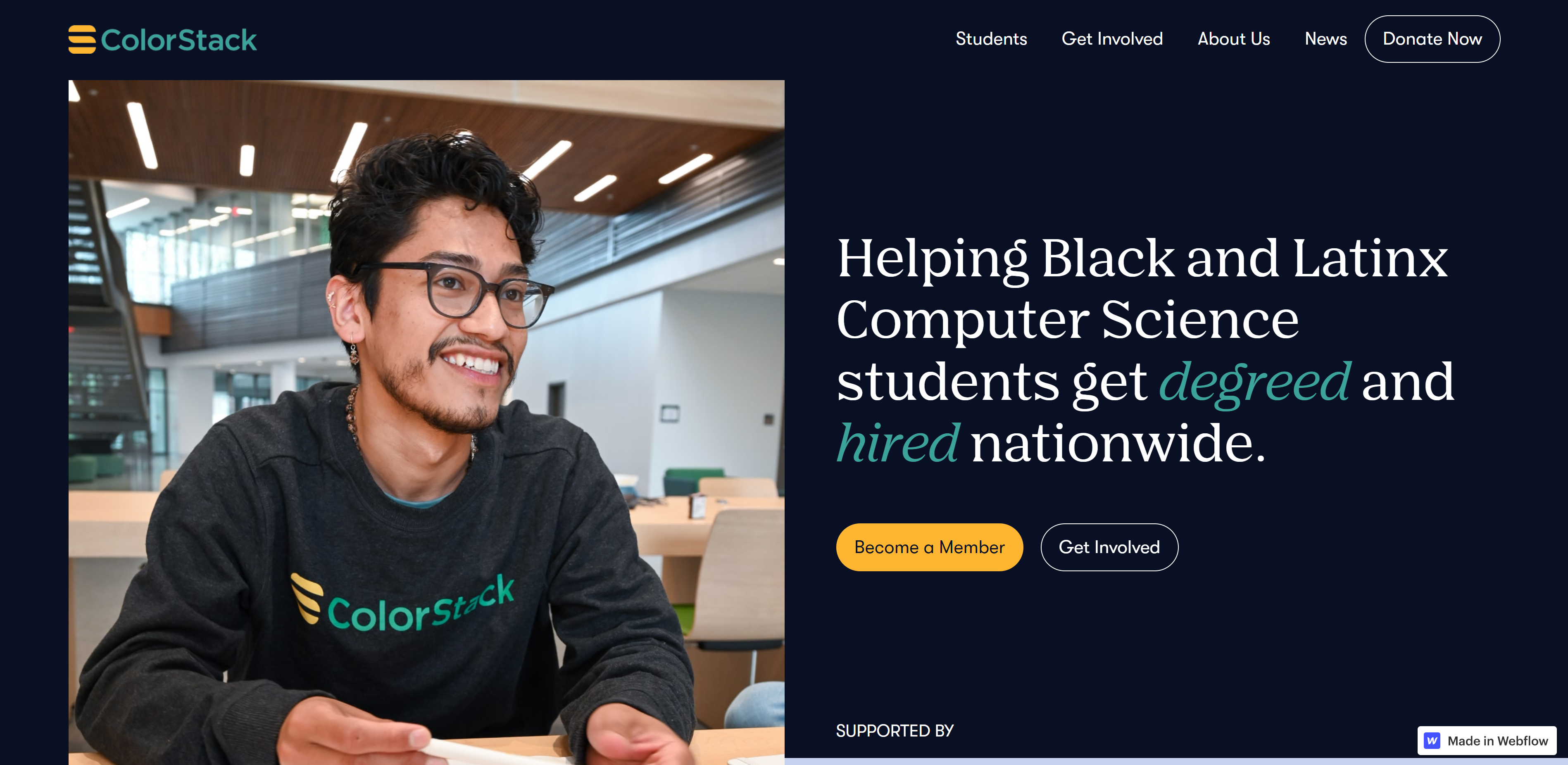A screenshot of ColorStack’s landing page showing an image of a graduate on a black background.