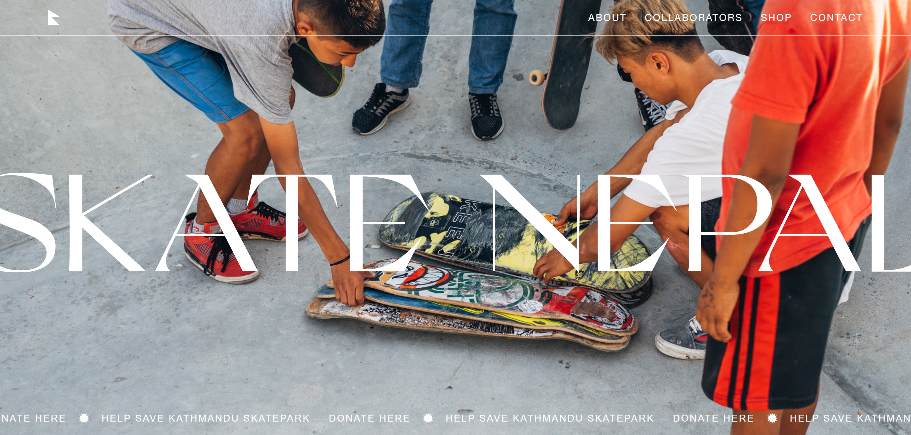 A screenshot of Skate Nepal’s homepage featuring a banner image of Nepalese children arranging skateboards in a skate park.