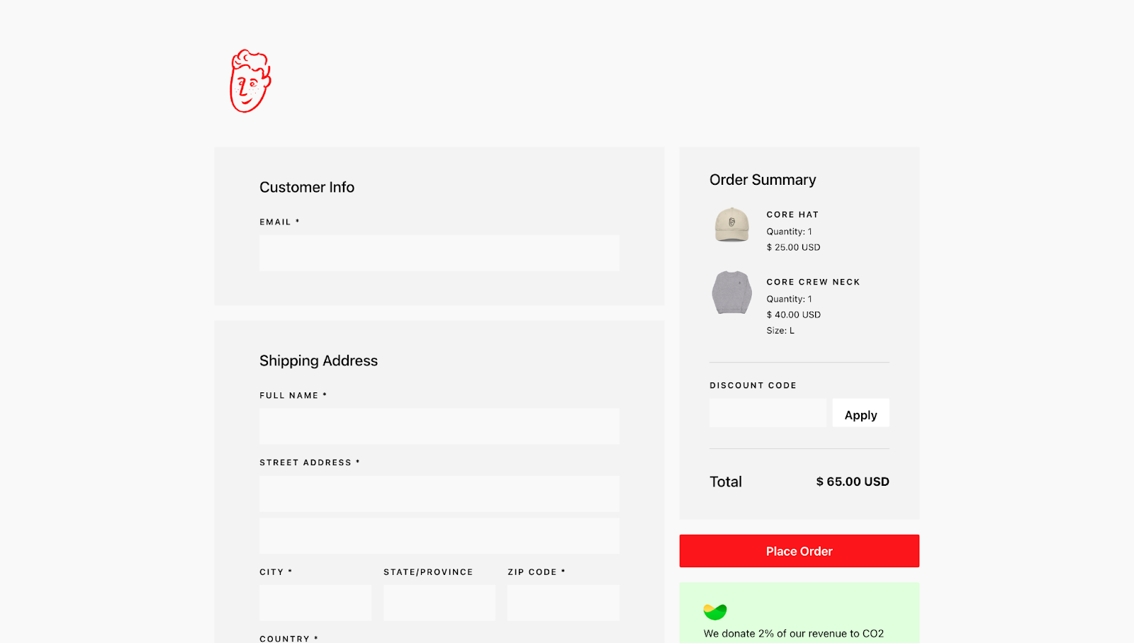 Hedrick’s Clothing Division’s checkout page shows the company’s logo in the top-left corner, with the input fields and order summary in the center and a red “Place order” button in the bottom right.