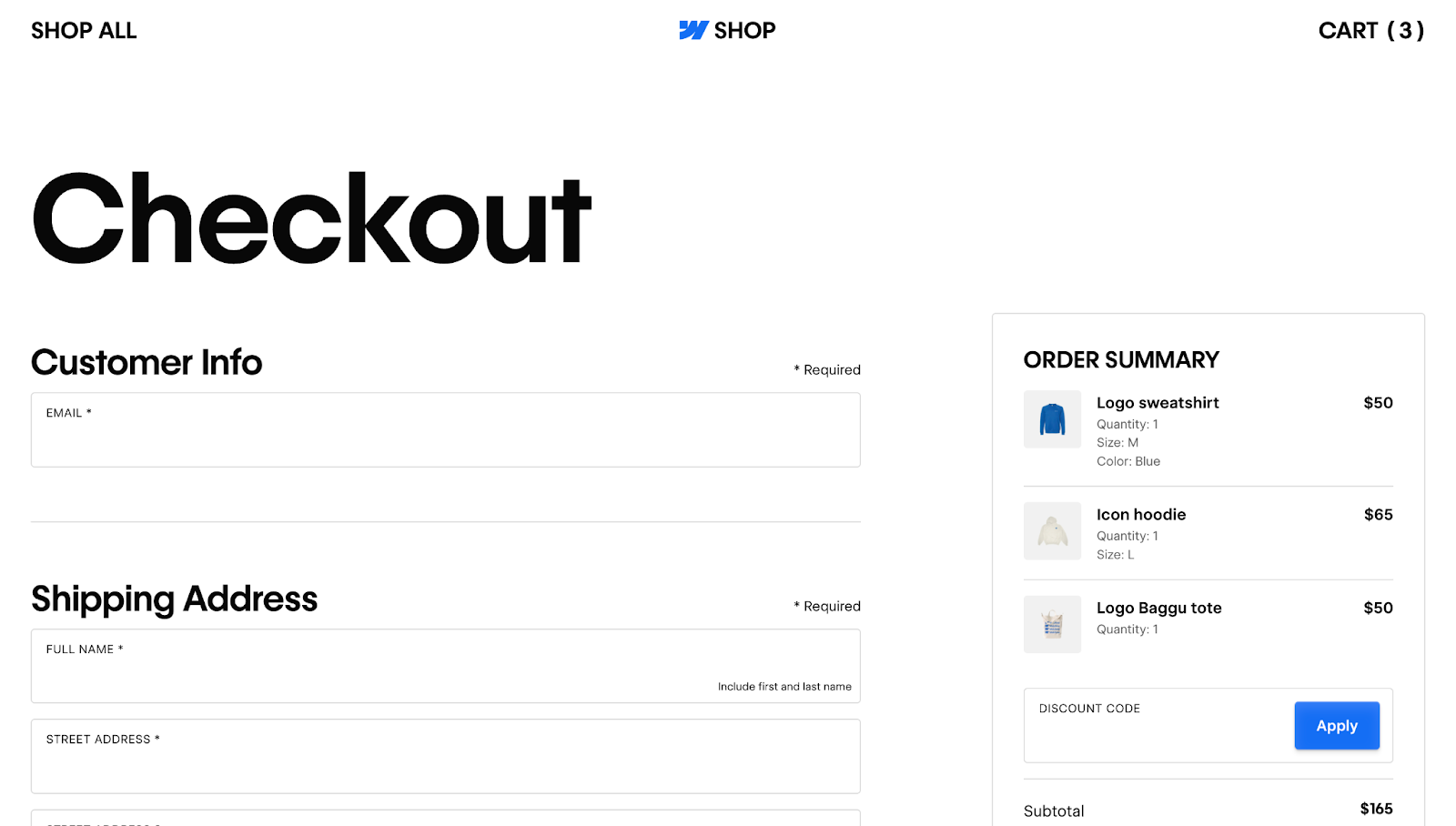 Webflow’s Merch Store has a minimalist layout with input fields under a bold “Checkout” heading on the left and an order summary on the right with a blue “Apply” button.