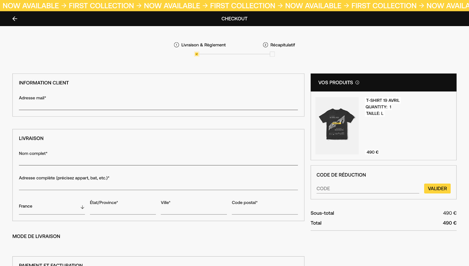 The DigiStore’s checkout page has a yellow website banner and a progress bar above a split-screen layout, with input fields on the left and an order summary on the right.