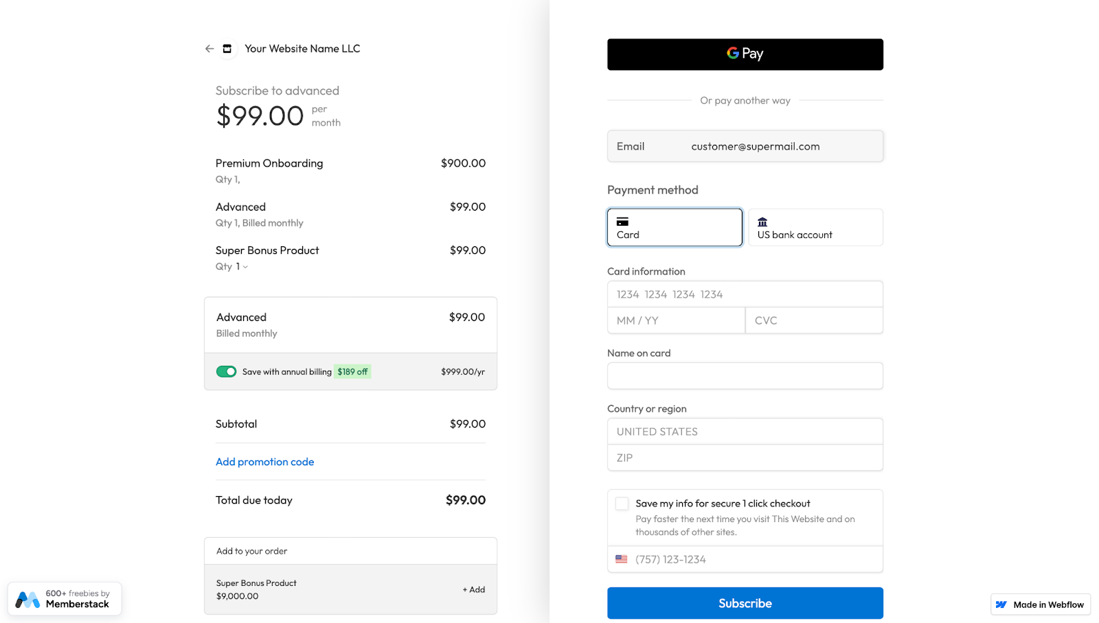 The Strip Checkout Rebuild checkout page has a split-screen design with a shadow dividing the input fields on the left from the order summary on the right, which has a black Google Pay button at the top and a blue “Subscribe” button at the bottom.