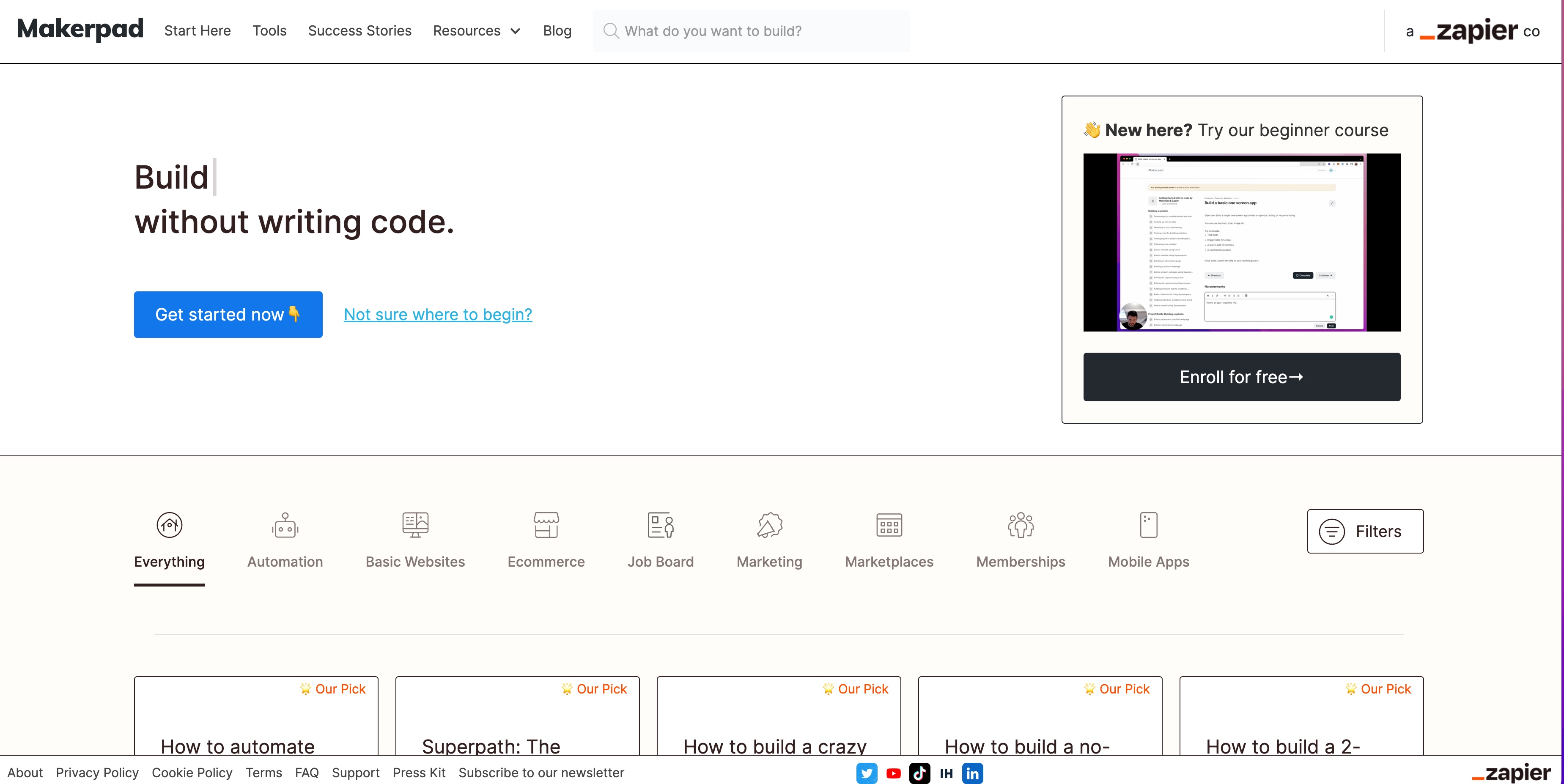 Makerpad homepage. White background, black text headline: Build [blank] without writing code next to video labeled "New here? Try our beginner course"