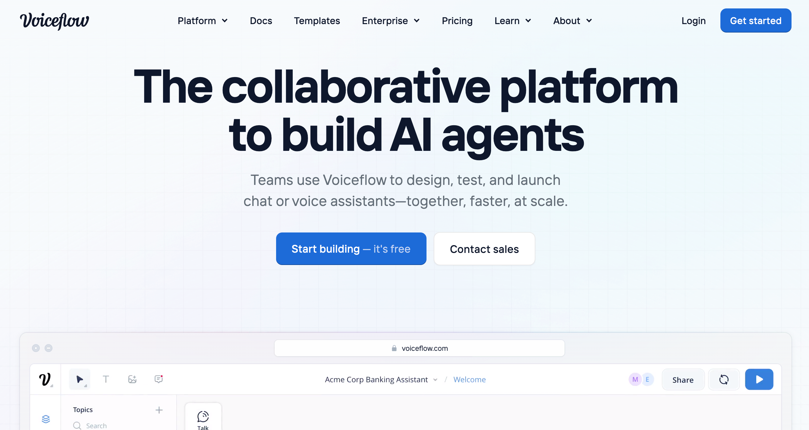 Voiceflow homepage. Headline: The collaborative platform to build AI agents