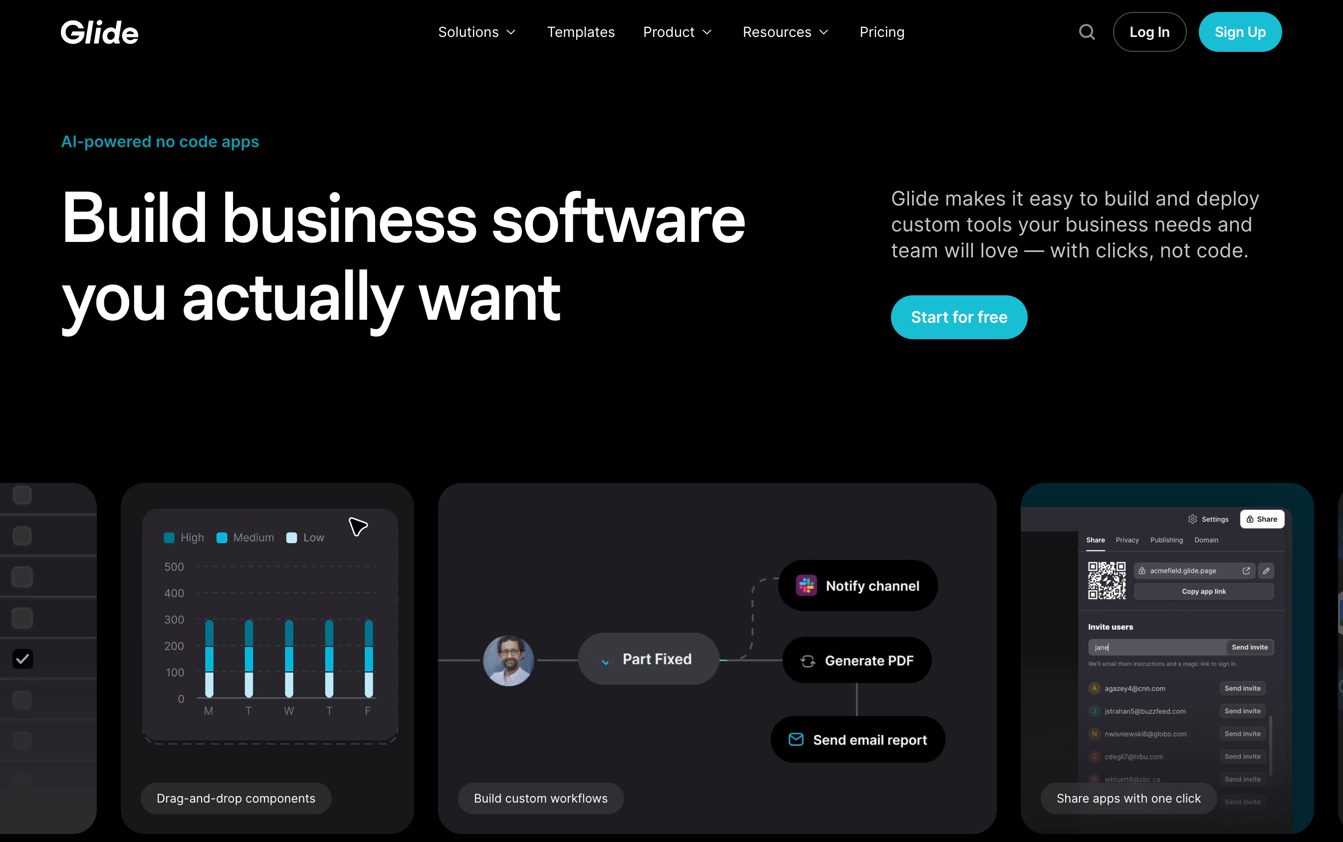 Glide homepage with headline "Build business software you actually want"