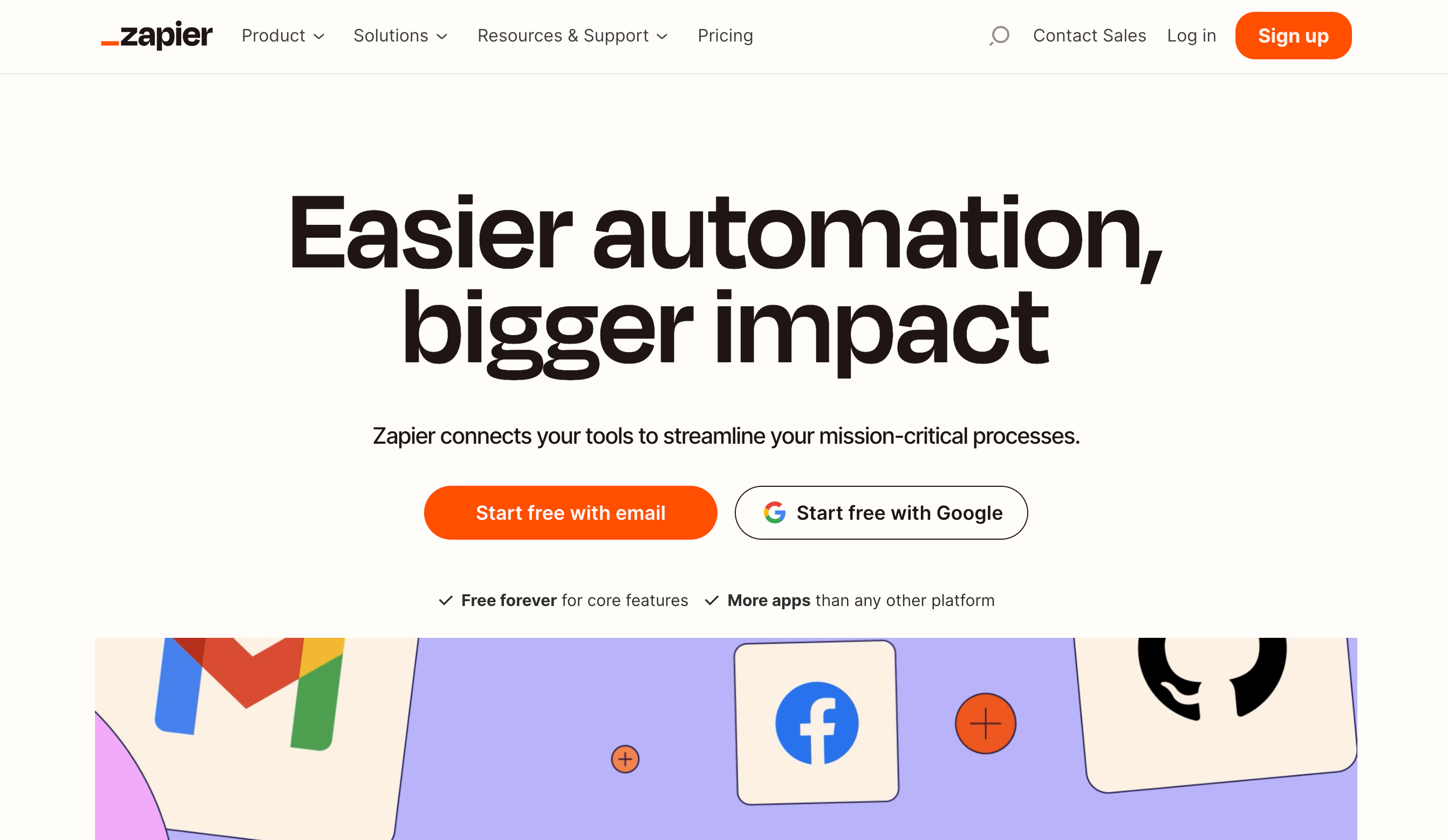 Zapier homepage with the headline "Easier automation, bigger impact"