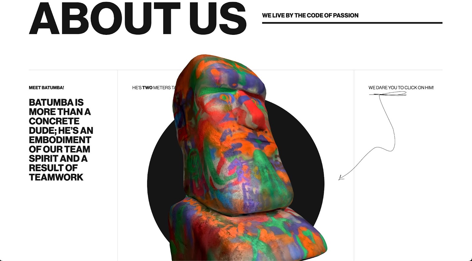 Lazarev.agency about page. White background, black text. Center: 3D animation of paint-splattered stone head.
