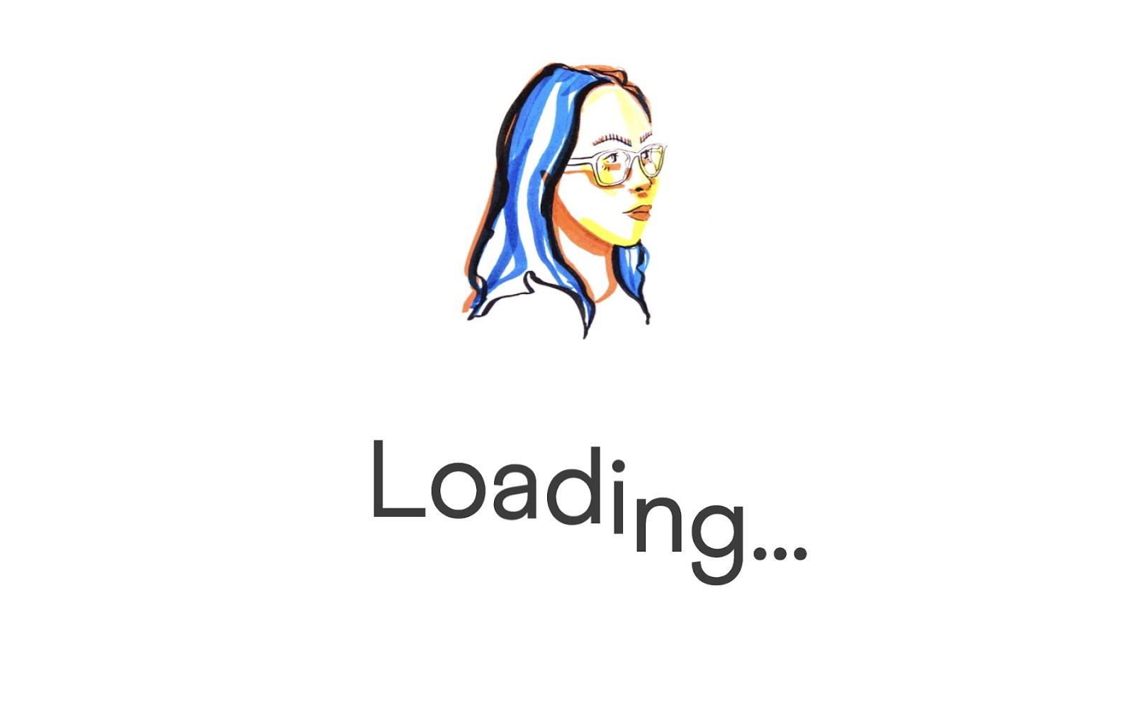 Rachael Bavaresco loading screen. Illustrated profile portrait of woman with blue hair and white glasses above text "loading..."
