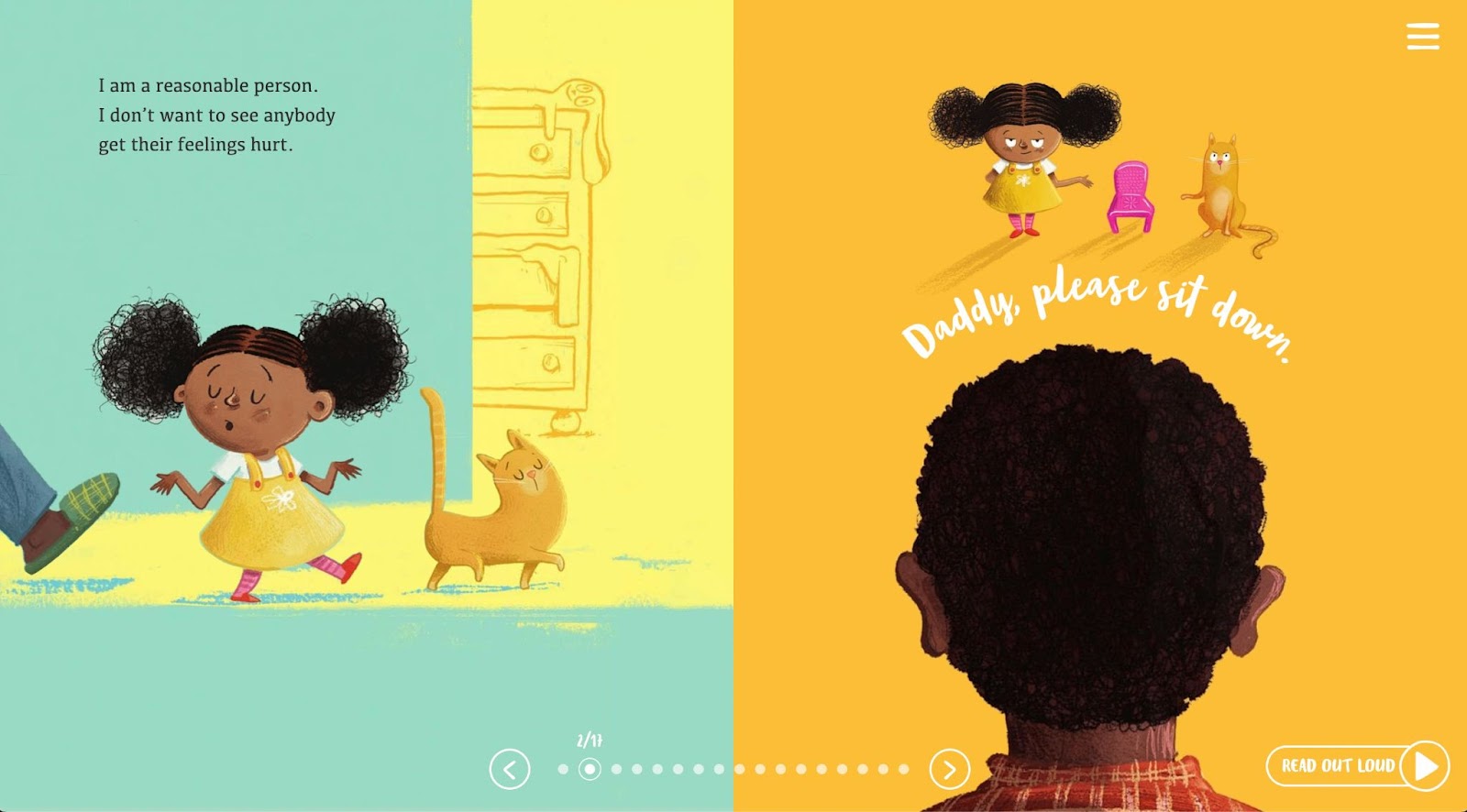 Screen showing 2 illustrated pages from The Big Bed children's book. Young Black girl with afro puffs walking with sassy orange cat. Page progress bar on bottom of screen.