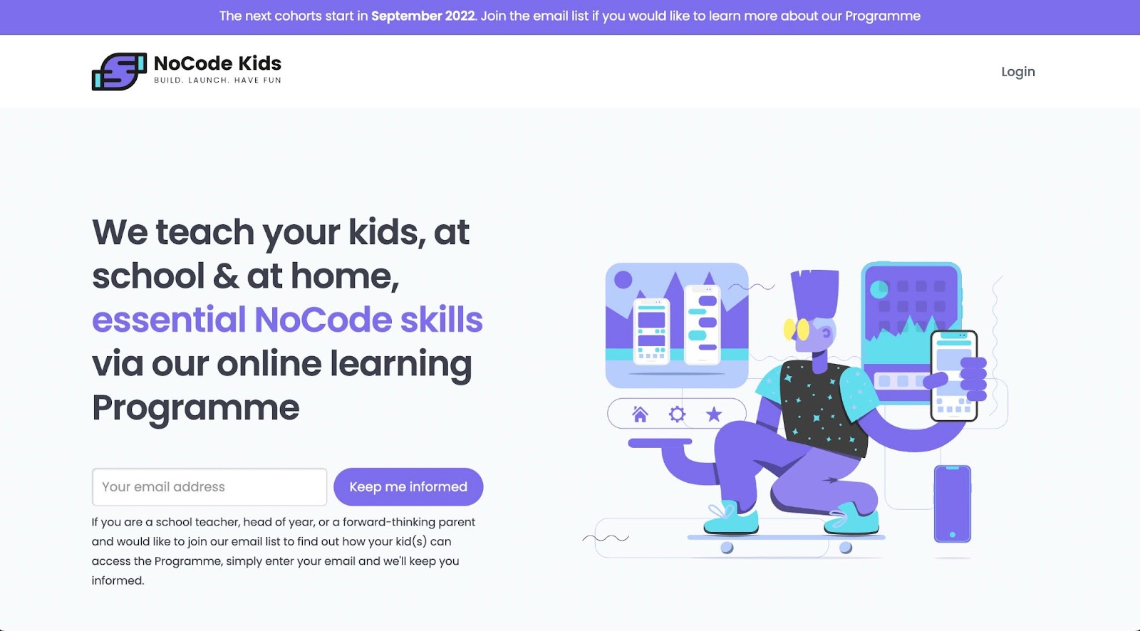 NoCode kids homepage. Gray background, black & purple text next to illustrated person with purple mohawk on skateboard, surrounded by mobile devices.