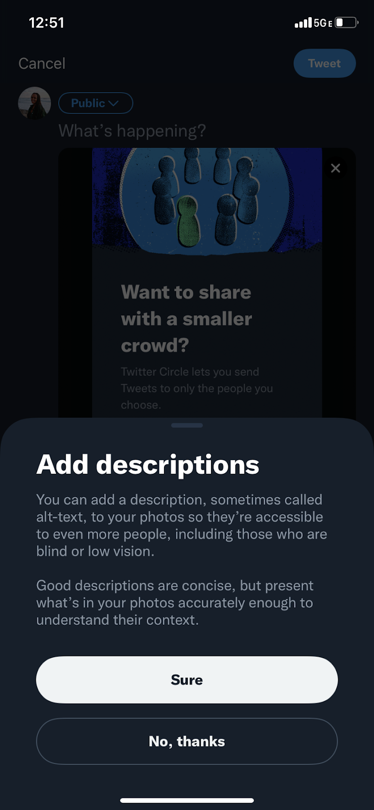 Mobile screen Twitter notification prompting user to add description to images.