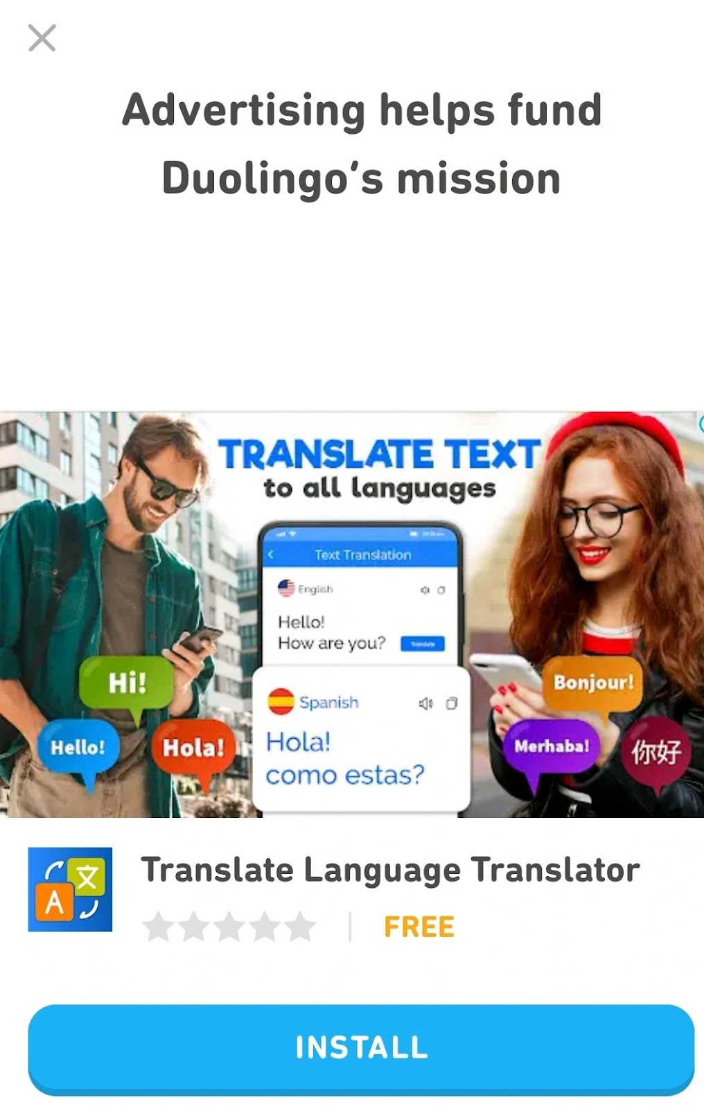 Ad for language translator app appearing on Duolingo.