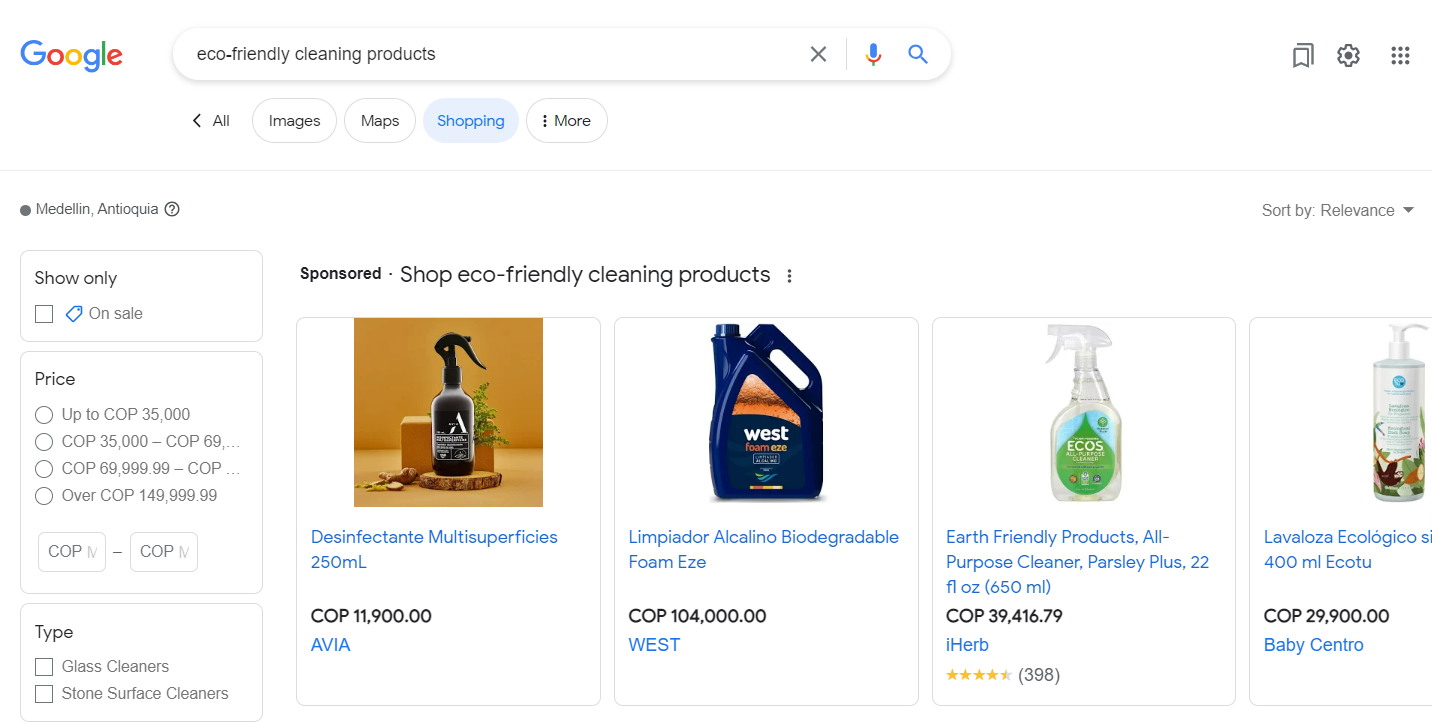 Product listing ads for eco-friendly cleaning products.