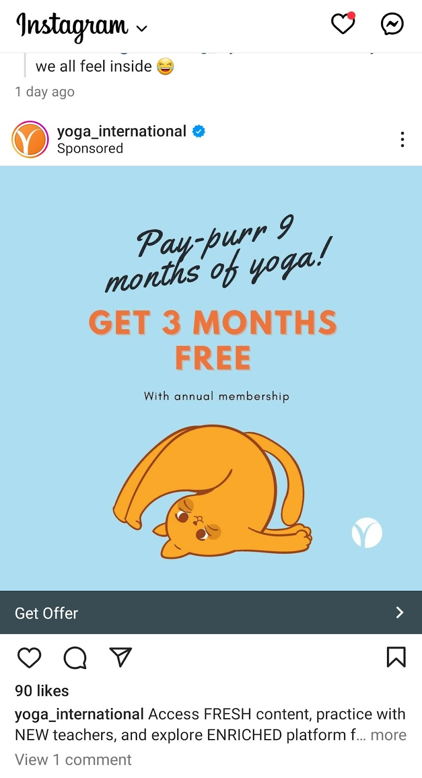Instagram ad for Yoga International with an illustrated cat in plow pose.