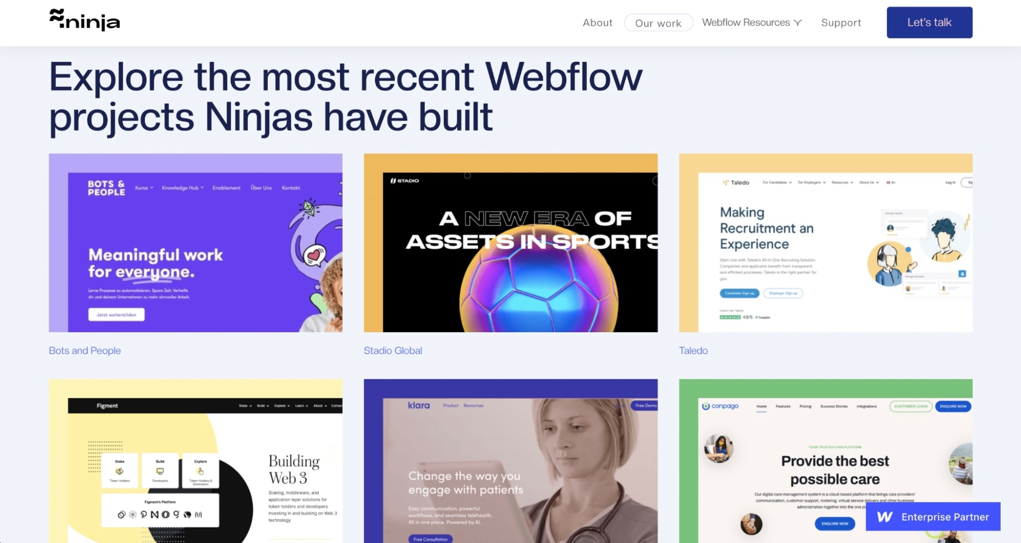 FlowNinja website with a 3x2 grid of projects under "Explore the most recent Webflow projects Ninjas have built"