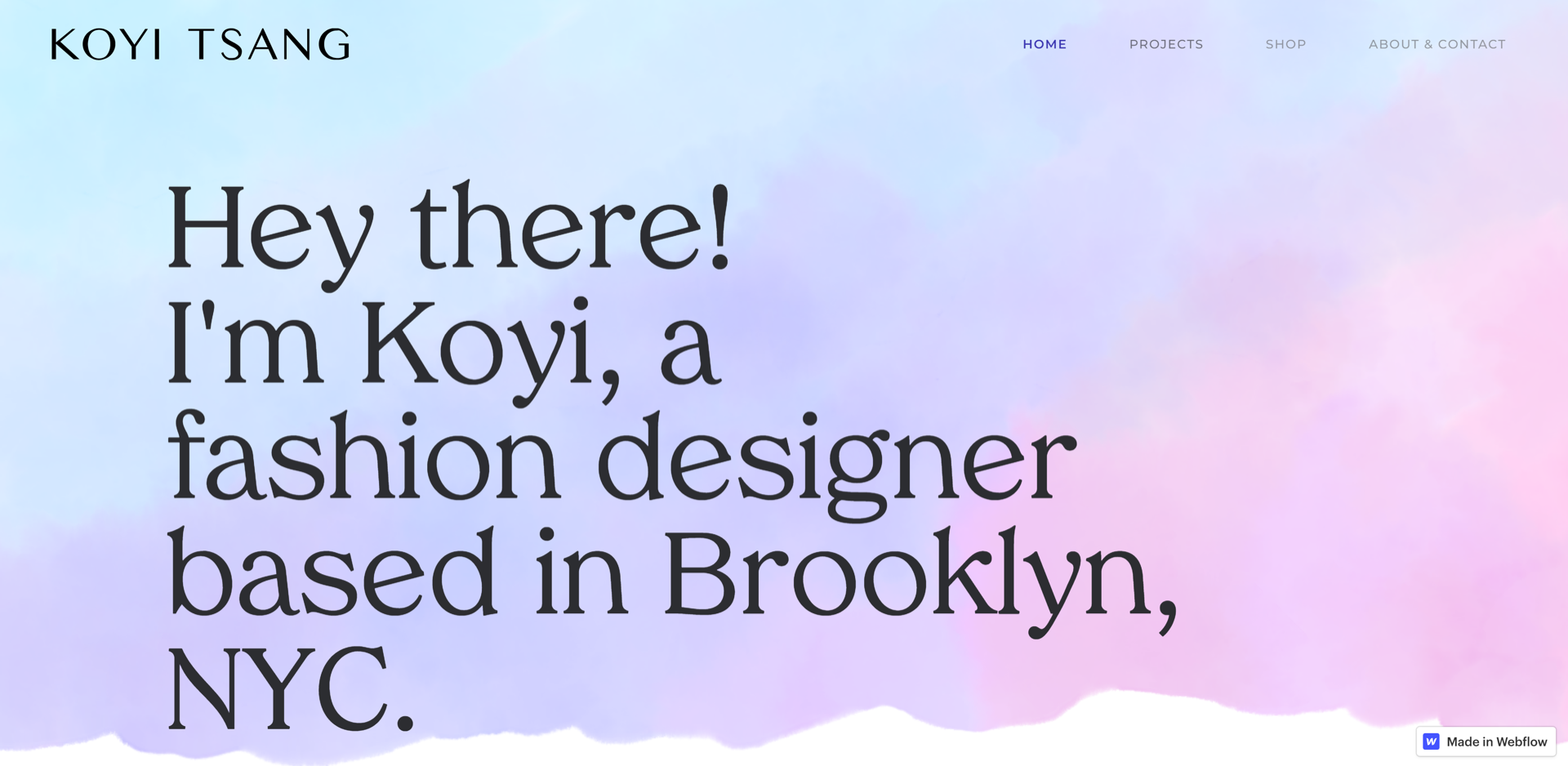 A screenshot of Koyi Tsang’s home page, featuring a sans font and a pink-and-blue gradient for the background.