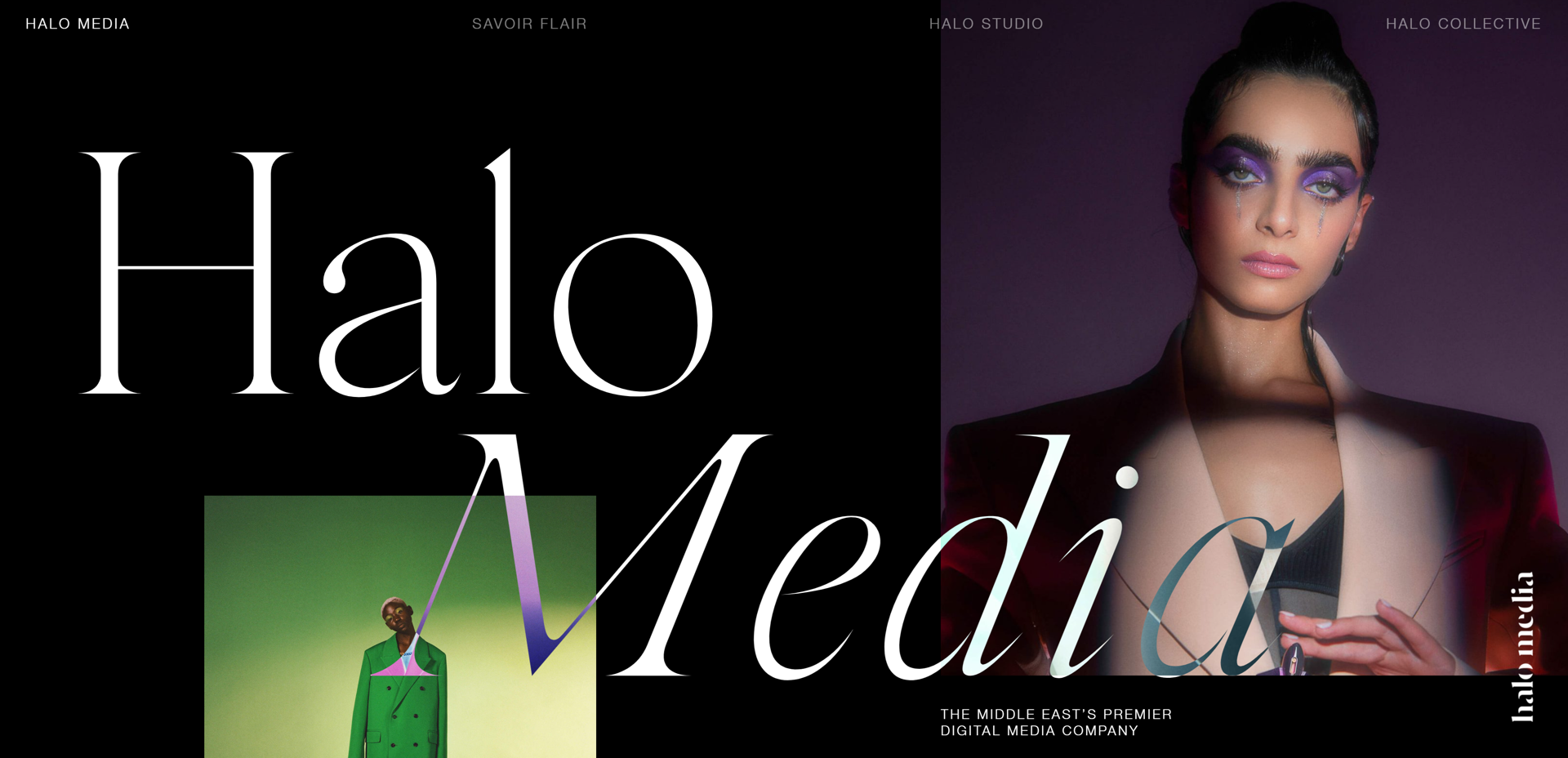 A screenshot of Halo Media’s home page with white sans text and high-quality pictures on a black background.