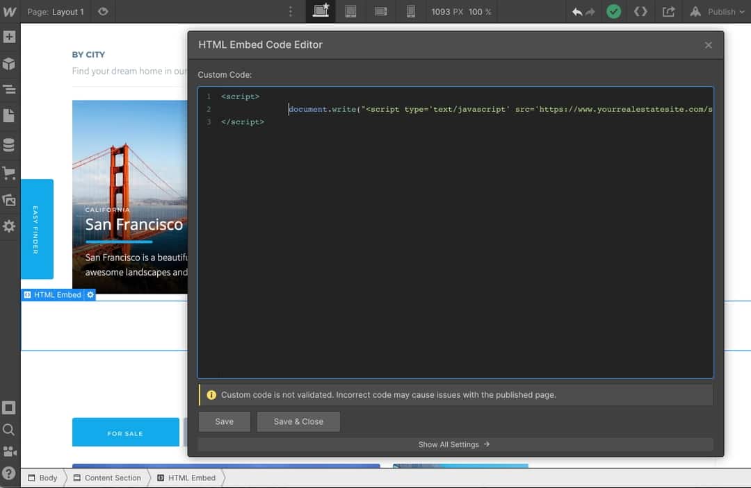 Webflow Designer, showing an HTML Embed Code Editor with a code snippet