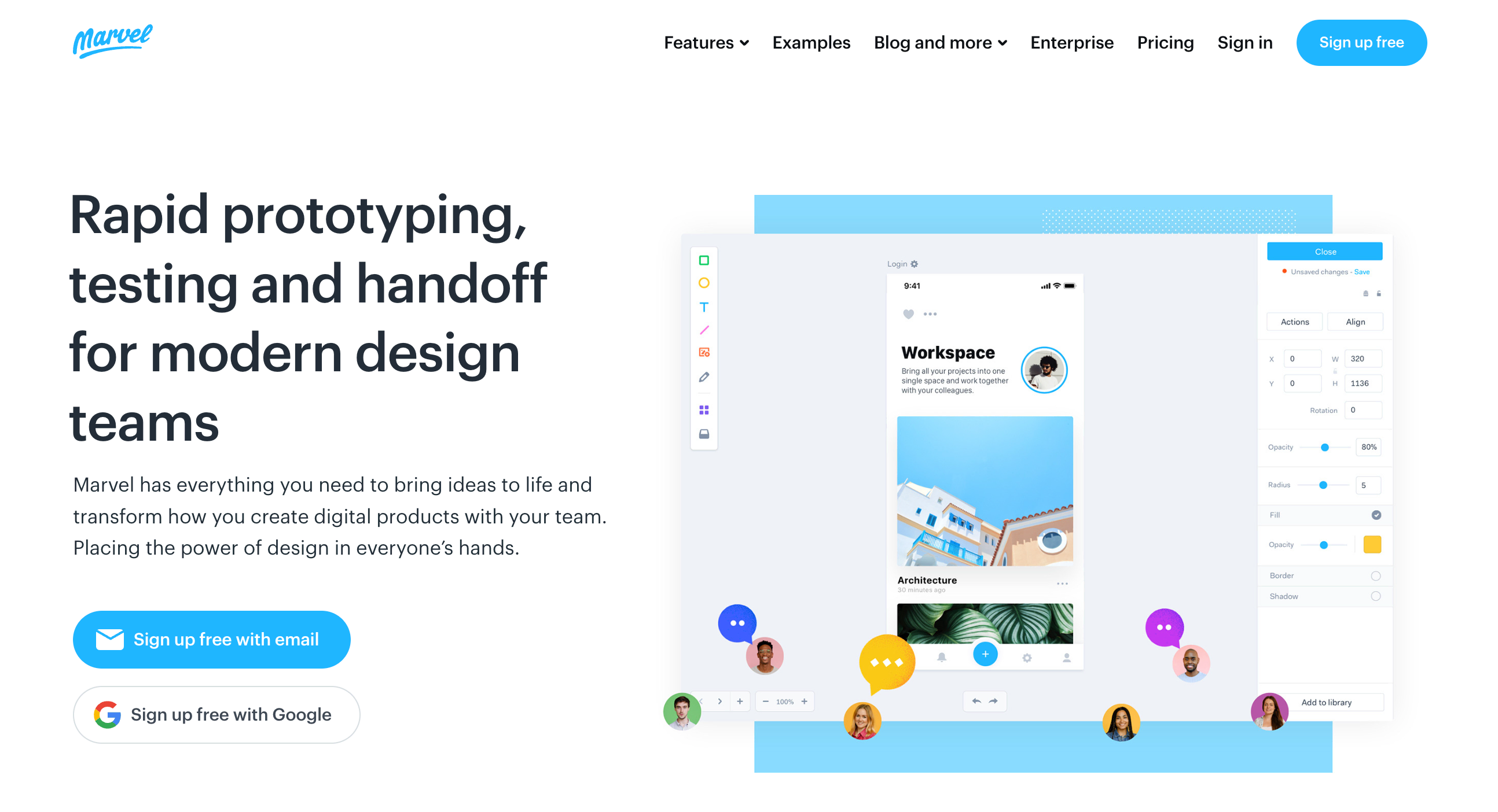 Screenshot of Marvel with headline "Rapid prototyping, testing and handoff for modern design teams".