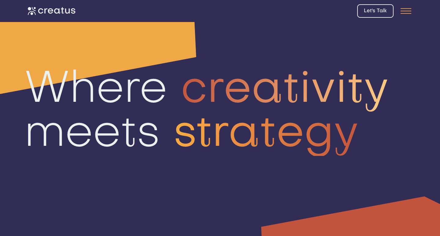 The Creatus homepage, featuring an indigo page background and orange and maroon geometric shapes in opposing corners. The centered headline text on the page reads "Where creativity meets strategy"