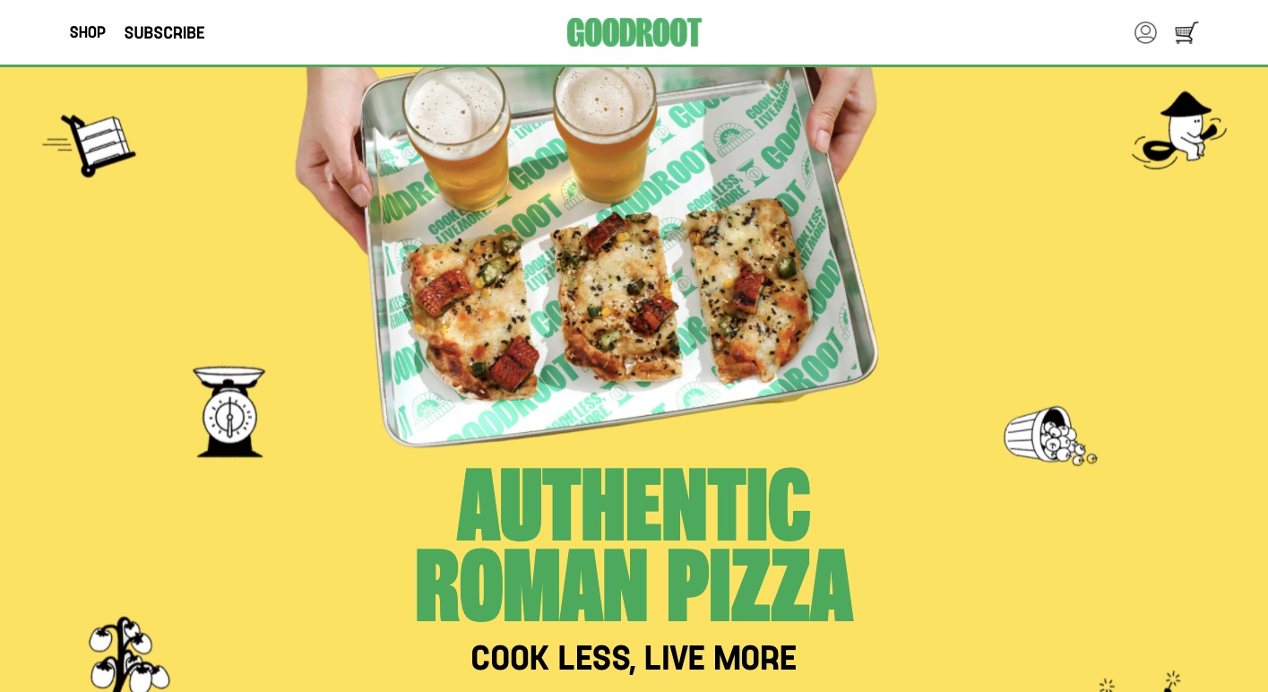 The Good Root homepage, with a butter yellow background, soft green capitalized headline text that reads "Authentic Roman Pizza," and an image of a hands holding a silver tray with three slices of pizza and two beers.