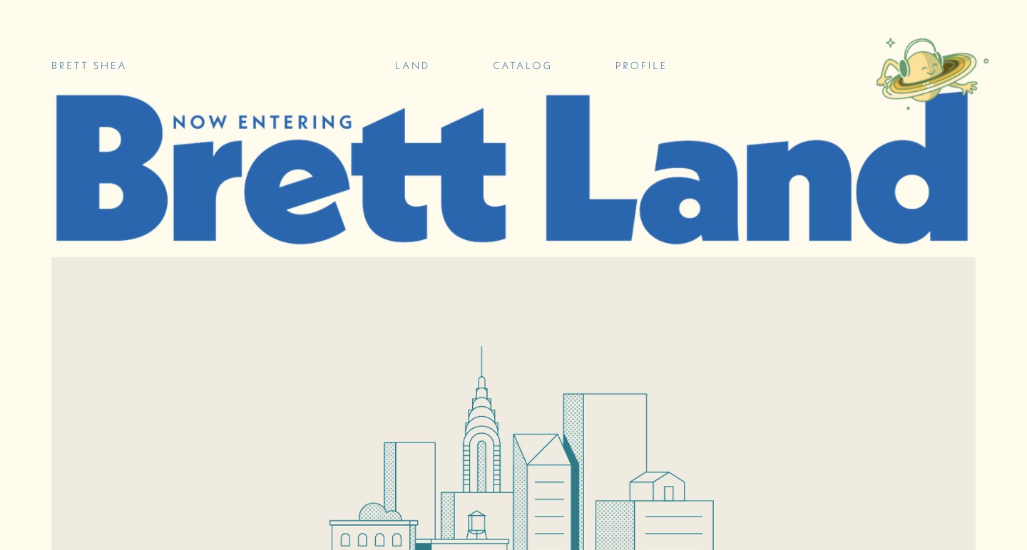 The Brett Land homepage, with a soft white background color, a bold blue header that reads "Now entering Brett Land" above a blueprint like sketch of a cityscape.