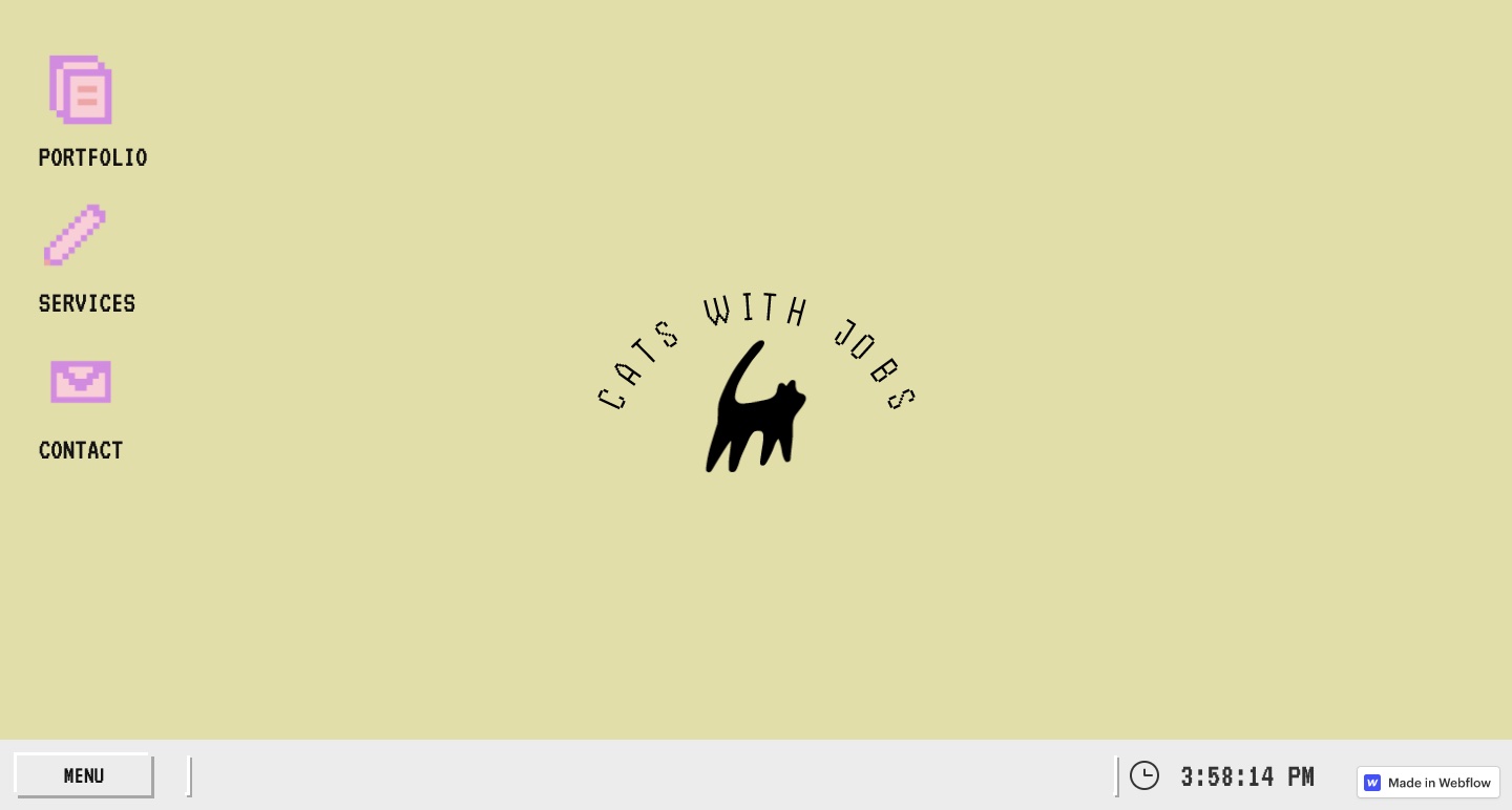 The Cats with Jobs homepage, with a nostalgic early internet aesthetic that resembles a Windows 98 dekstop with a butter yellow background, a cats with jobs logo with text above a simple black cat icon, and pink menu buttons that resemble desktop icons on the left side.