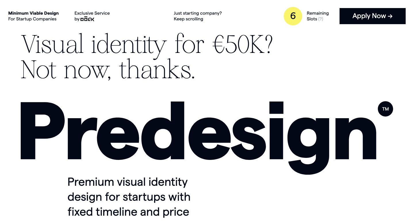 The minimalist Predesign homepage with an all-white background, black text that reads "Visual identity for 50 Euro? Not now, thanks. Predesign." and a bold Apply Now button in the top right corner.