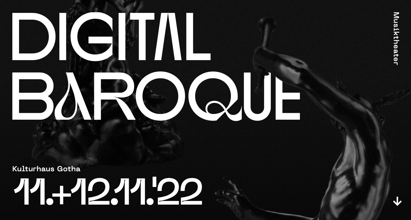 The sleek black background-white text homepage for Digital Baroque. The background image is an abstract visualization that resembles water and flowers..