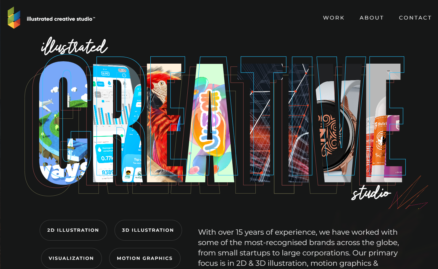 This site has a black background with the word “creative” in all-caps dominating the screen. Each letter has a colored image behind it and an offset blue outline. Above and below the word “creative” are “illustrated” and “studio” in cursive text, forming “illustrated creative studio.