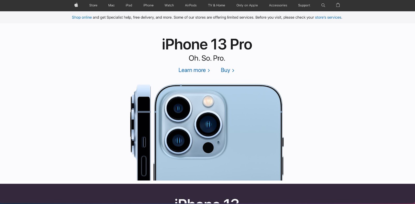 An image of the Apple home page. On the home page there is an advertisement for iPhone 13 Pro with the tagline "Oh. So Pro."