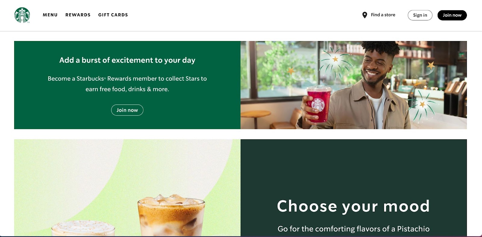 An image of the Starbucks website homepage.