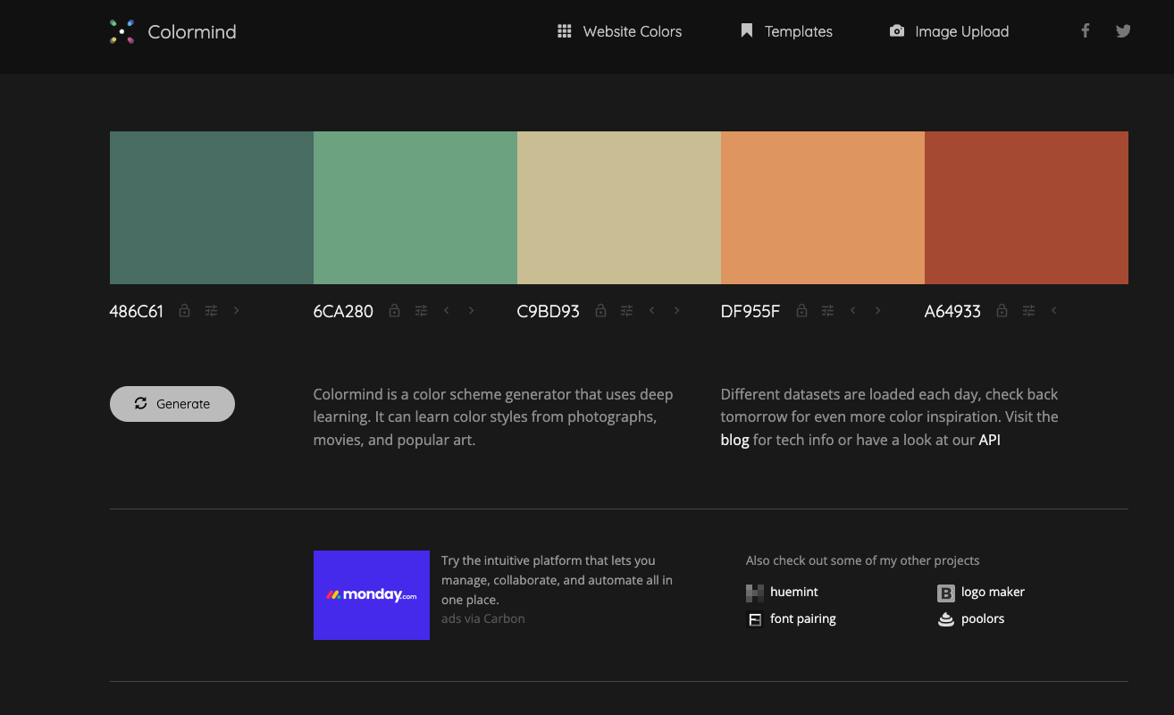 screenshot of Colormind palette of green, brown, and burnt orange