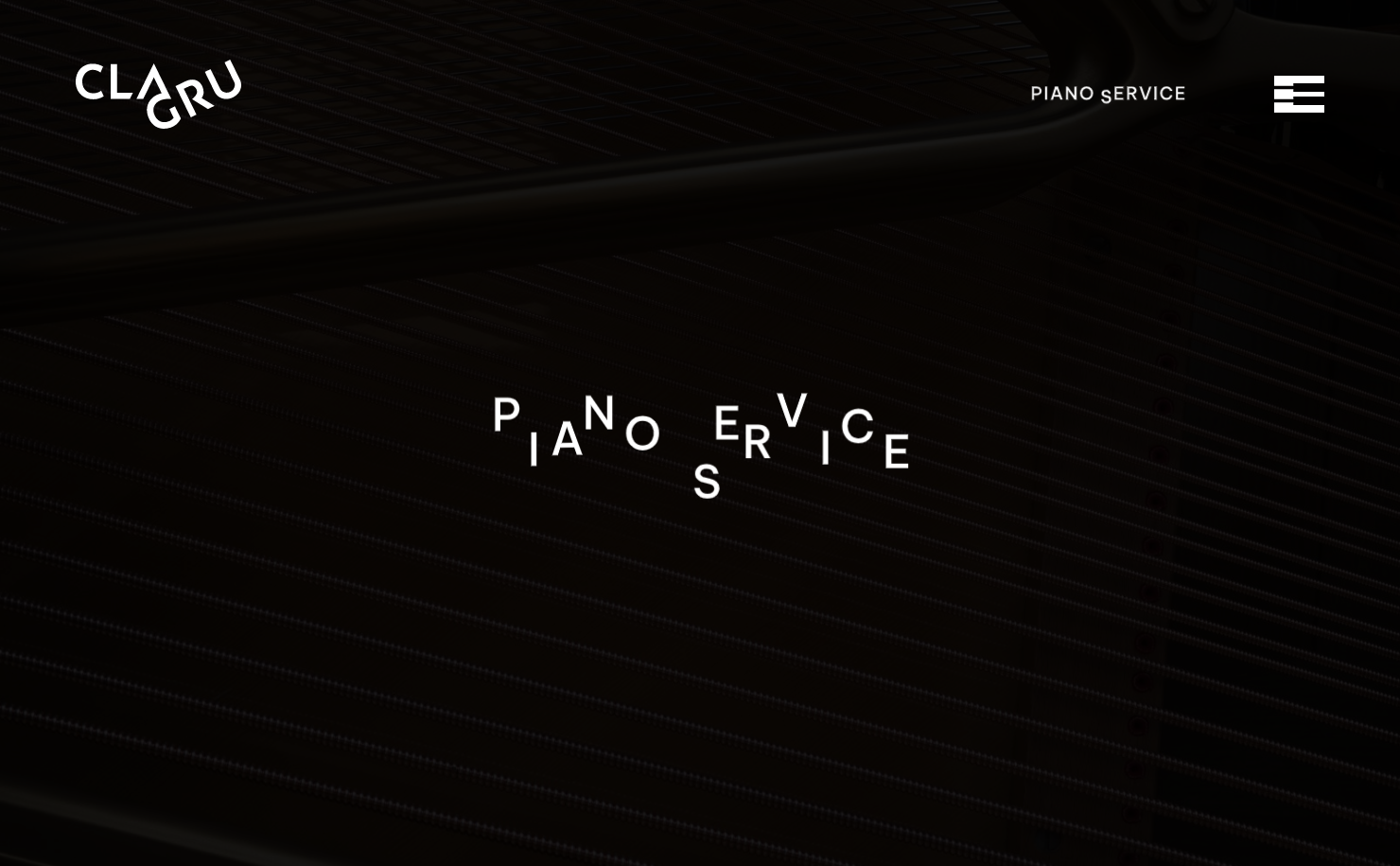 A still from a text animation sequence. The letters of the words “piano service” are scattered in the middle of the site, while in the top right corner, the small text “piano service” shows the S lower than the other letters, as though someone has pressed it on a piano. The menu at the top right of the screen is stylized as piano keys