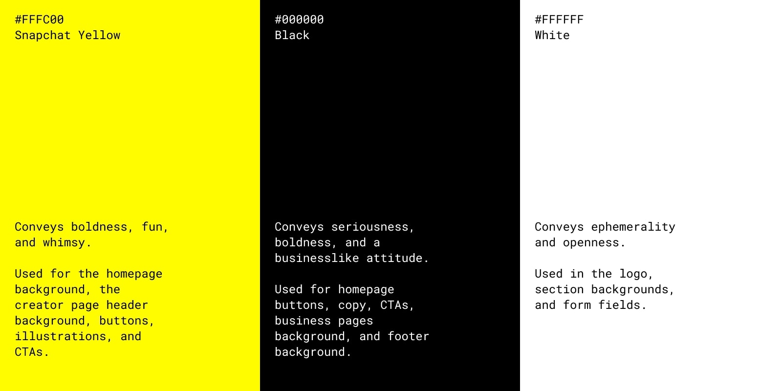 An image of Snapchat's color scheme. The colors are Snapchat Yellow, Black, and White.