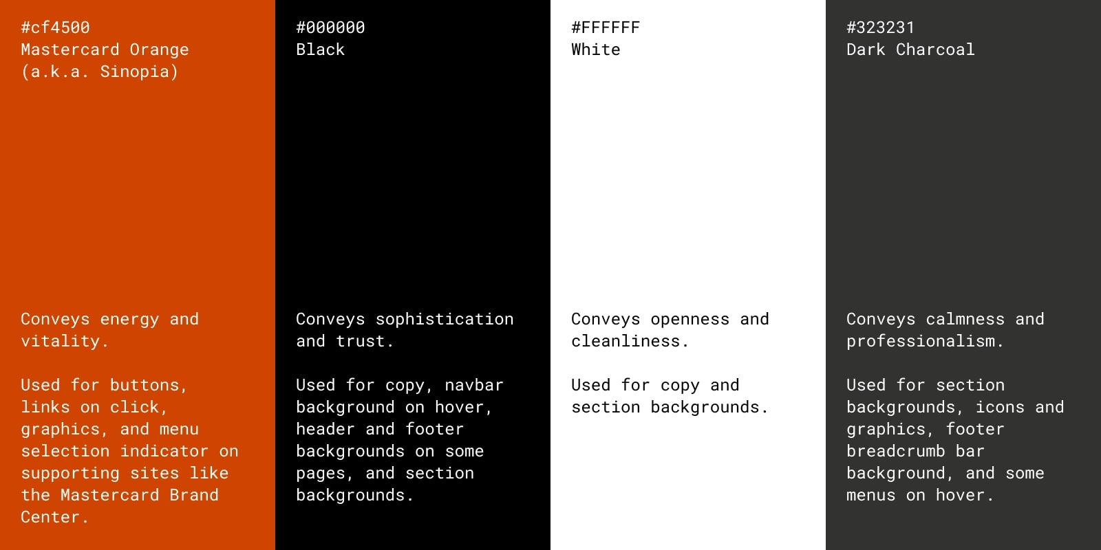 An image of Mastercard's website color scheme. The Mastercard color scheme is Mastercard Orange, Black, White, and Dark Charcoal.