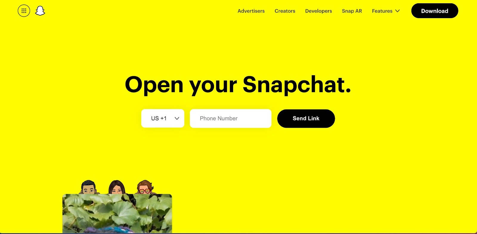 An image of Snapchat's homepage. The heading reads "Open your Snapchat."