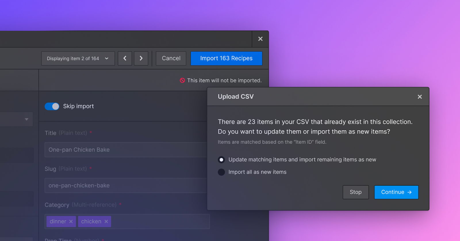 Screenshot of the upload CSV notification in Webflow indicating duplicates exist in a collection so users can update a file in bulk.i