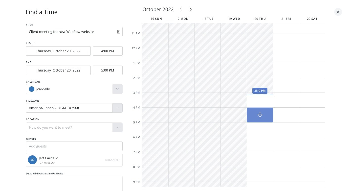 Calendar full month view, "Find a time" view with fields for meeting title, duration, timezone, and guests