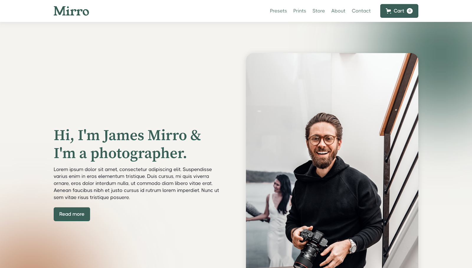 The Mirro photography website template has a gradient color palette with orange and teal hues. It has text on the left and a portrait of a bearded man holding a camera on the right.