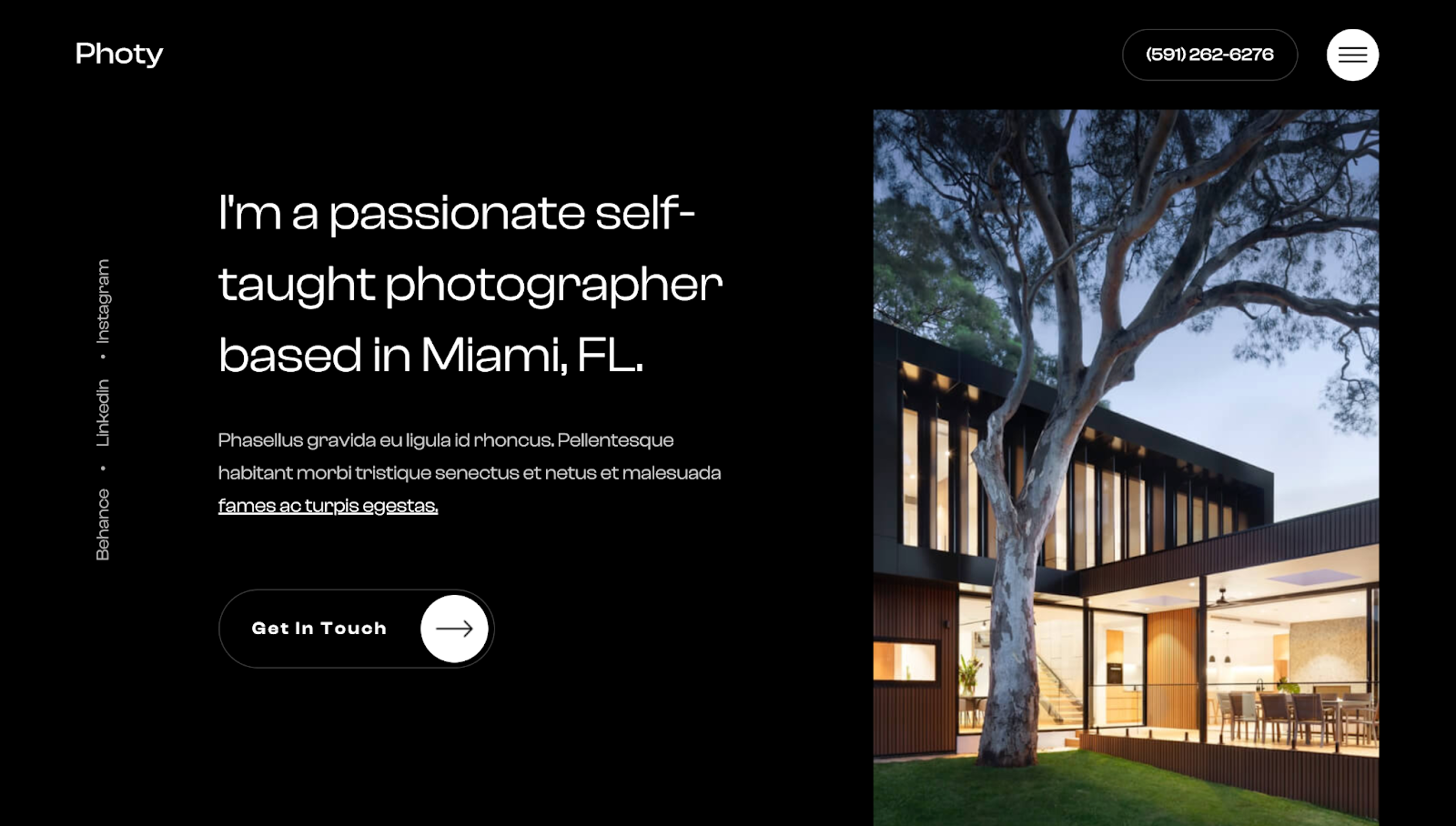 The Photy photography website template has a dark theme with white text on the left and a thumbnail on the right.