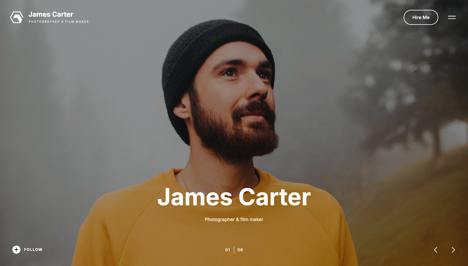The Leap photography website template has a full-screen portrait of a bearded man in a beanie with the text “James Carter” centered in white.