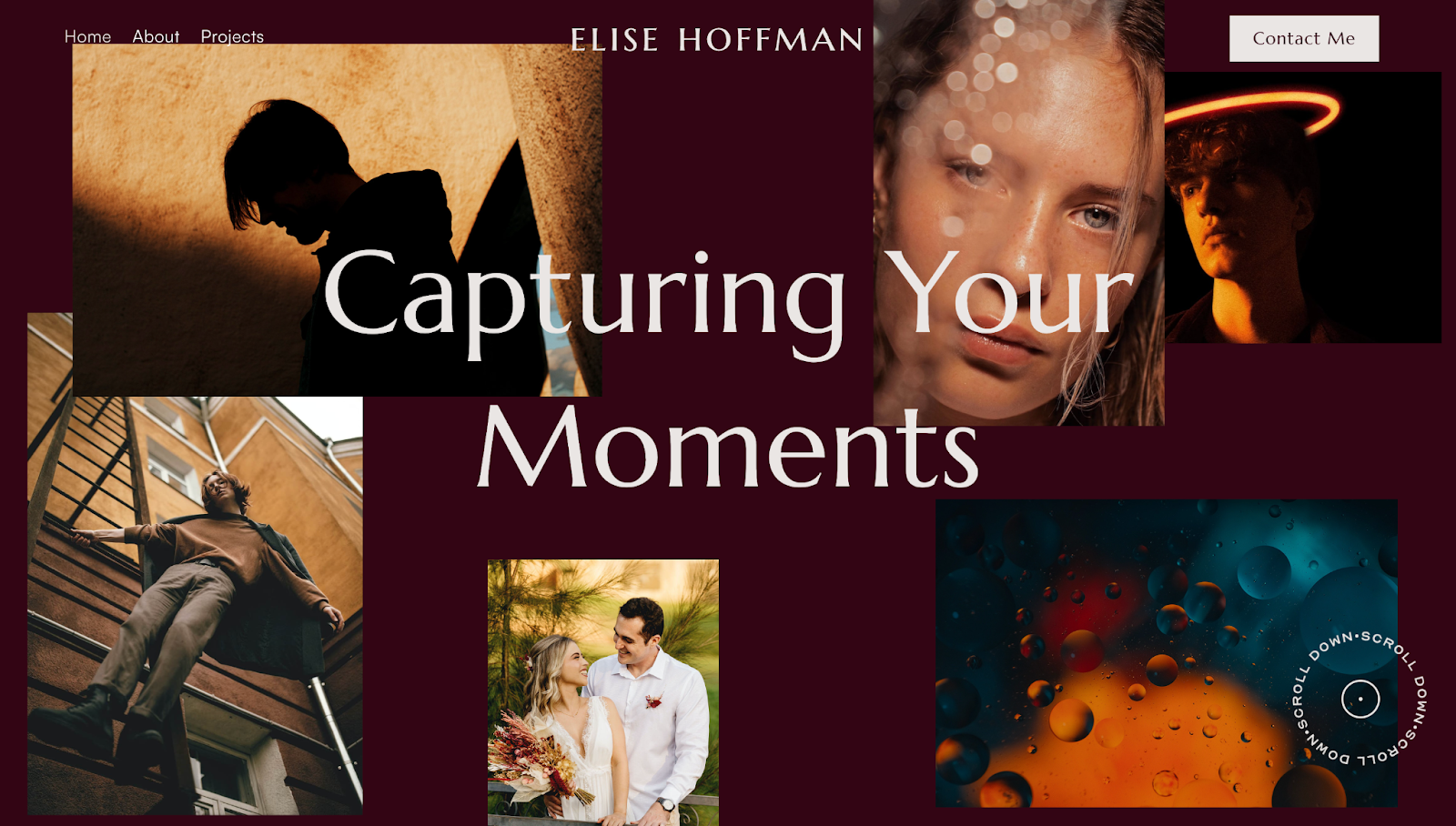 The Elise photography website template has a maroon background with an asymmetrical gallery layout and the text “Capturing Your Moments” in white.