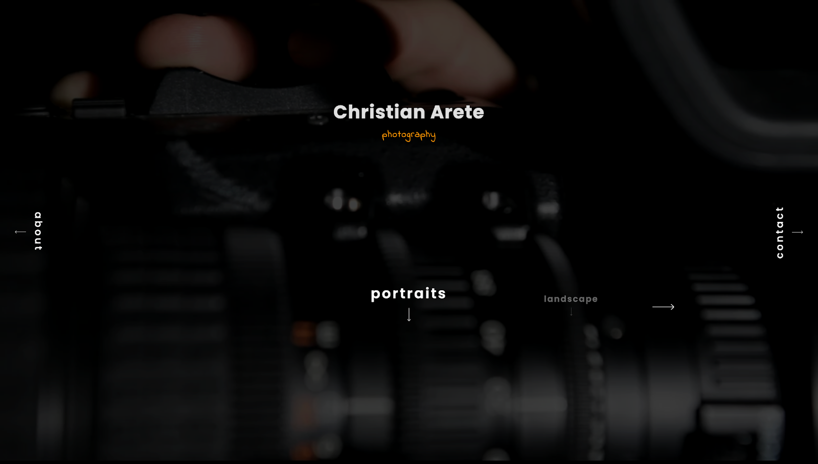 The Arete photography website template has a black screen overlay on a full-screen image of a camera with white text for the about, contact, and gallery options.