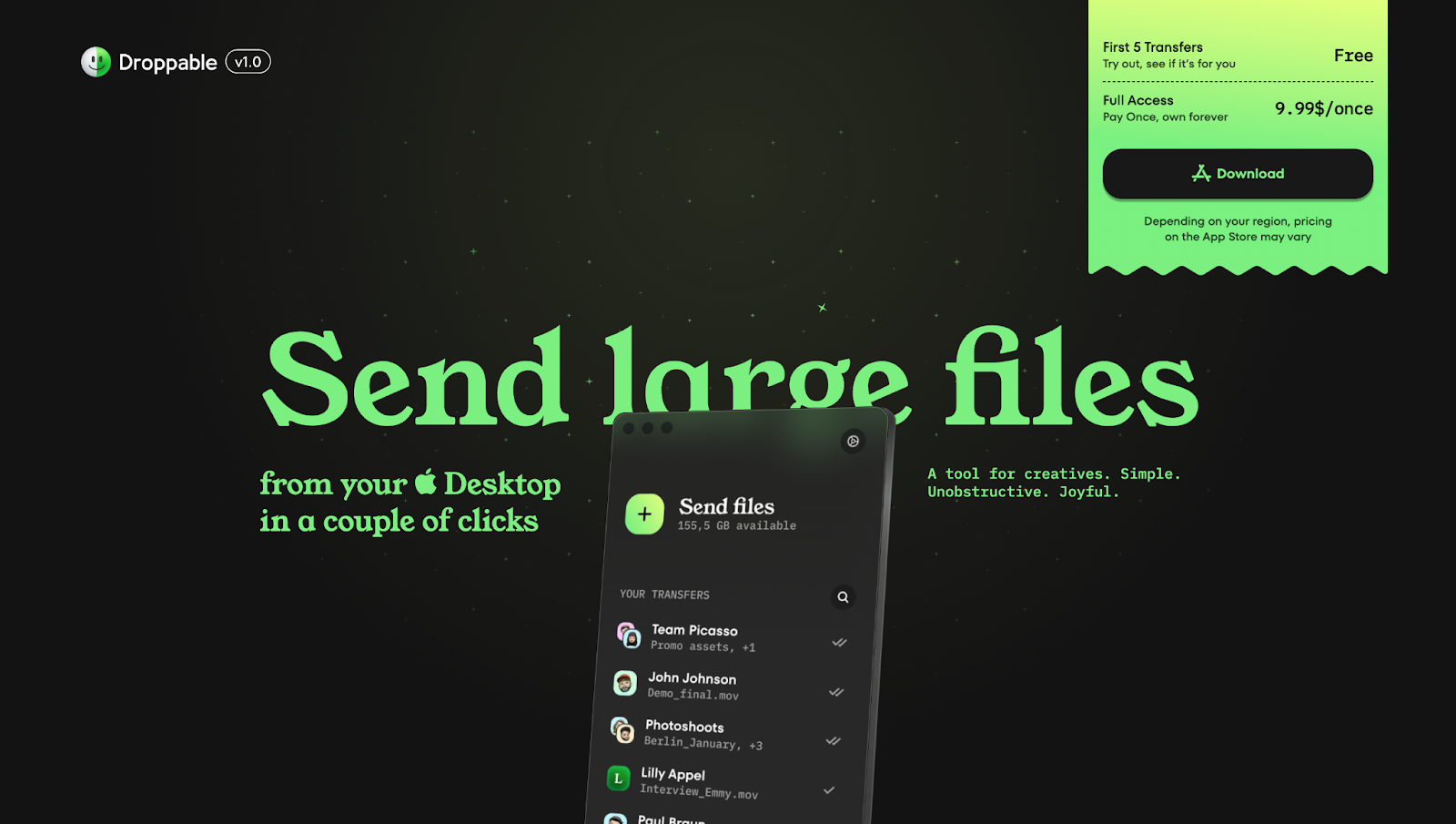 A screenshot of Droppable’s website with the text “Send large files” in green against a dark background.